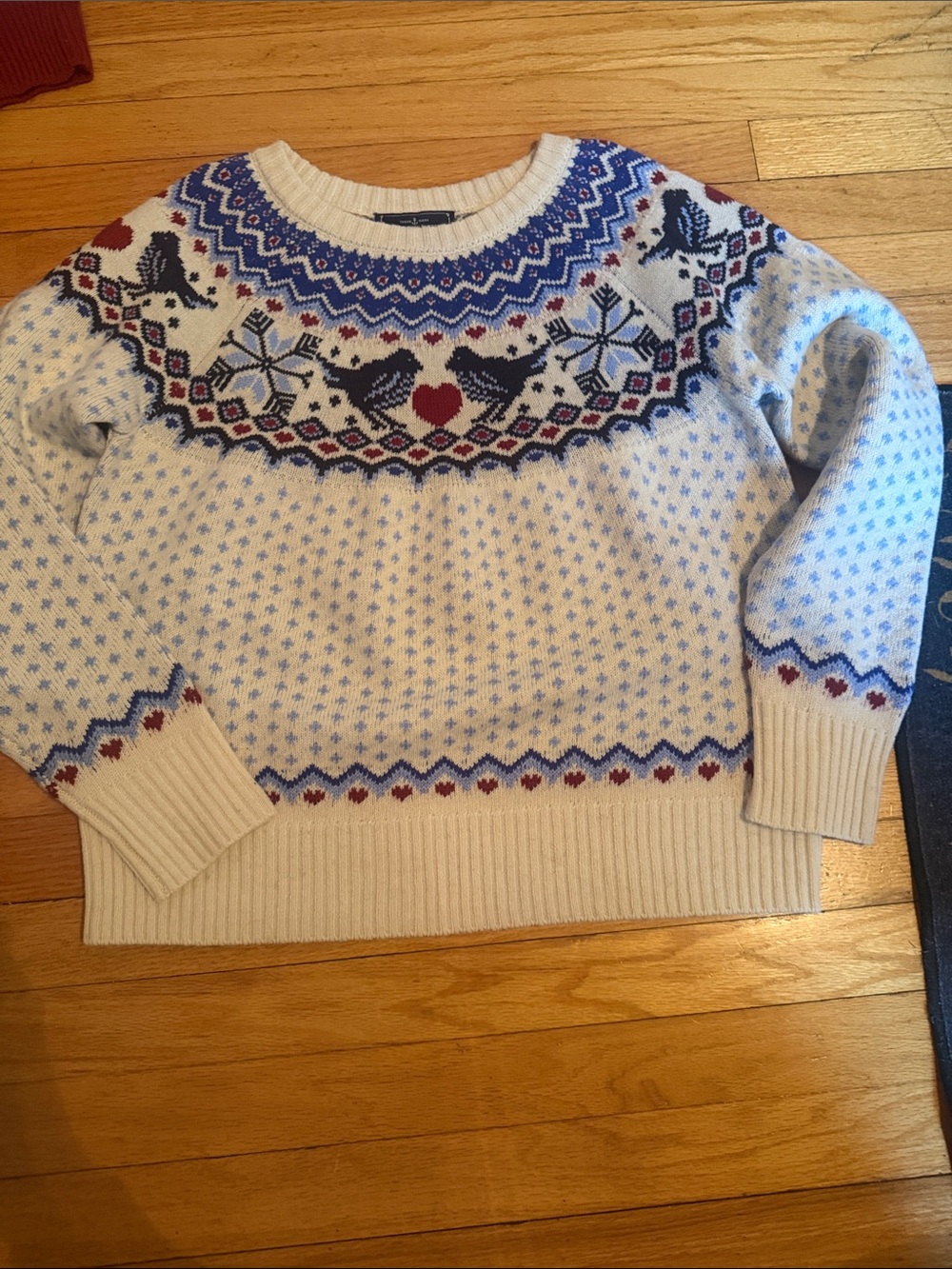 Kiel James Patrick Cream Fair Isle Knit Sweater with Blue and Red Accents Large